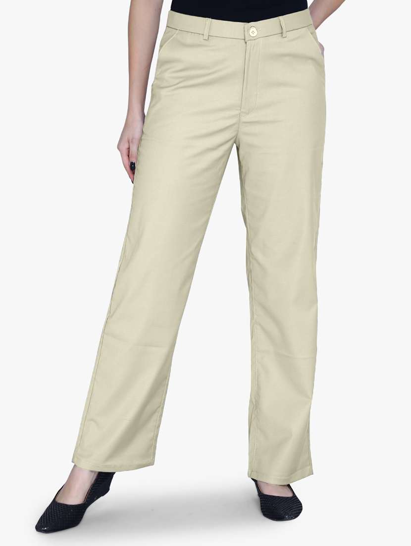 women solid beige flat front trouser