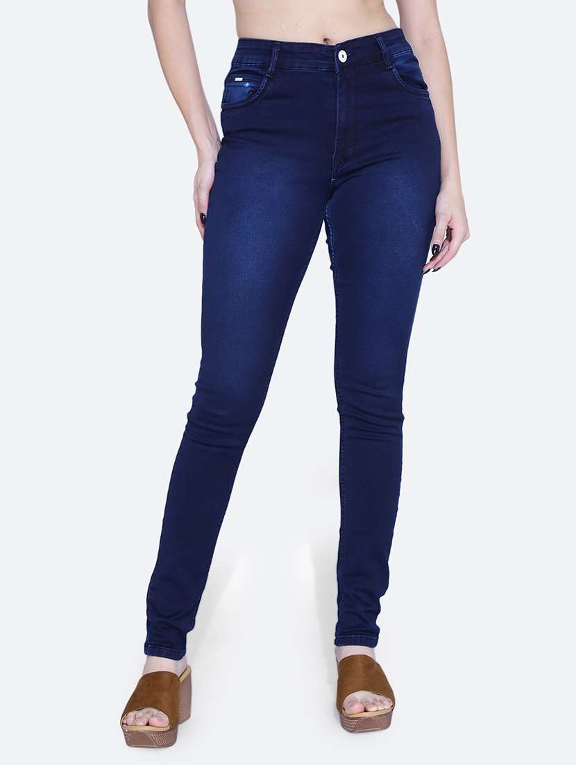 women solid navy blue denim jeans