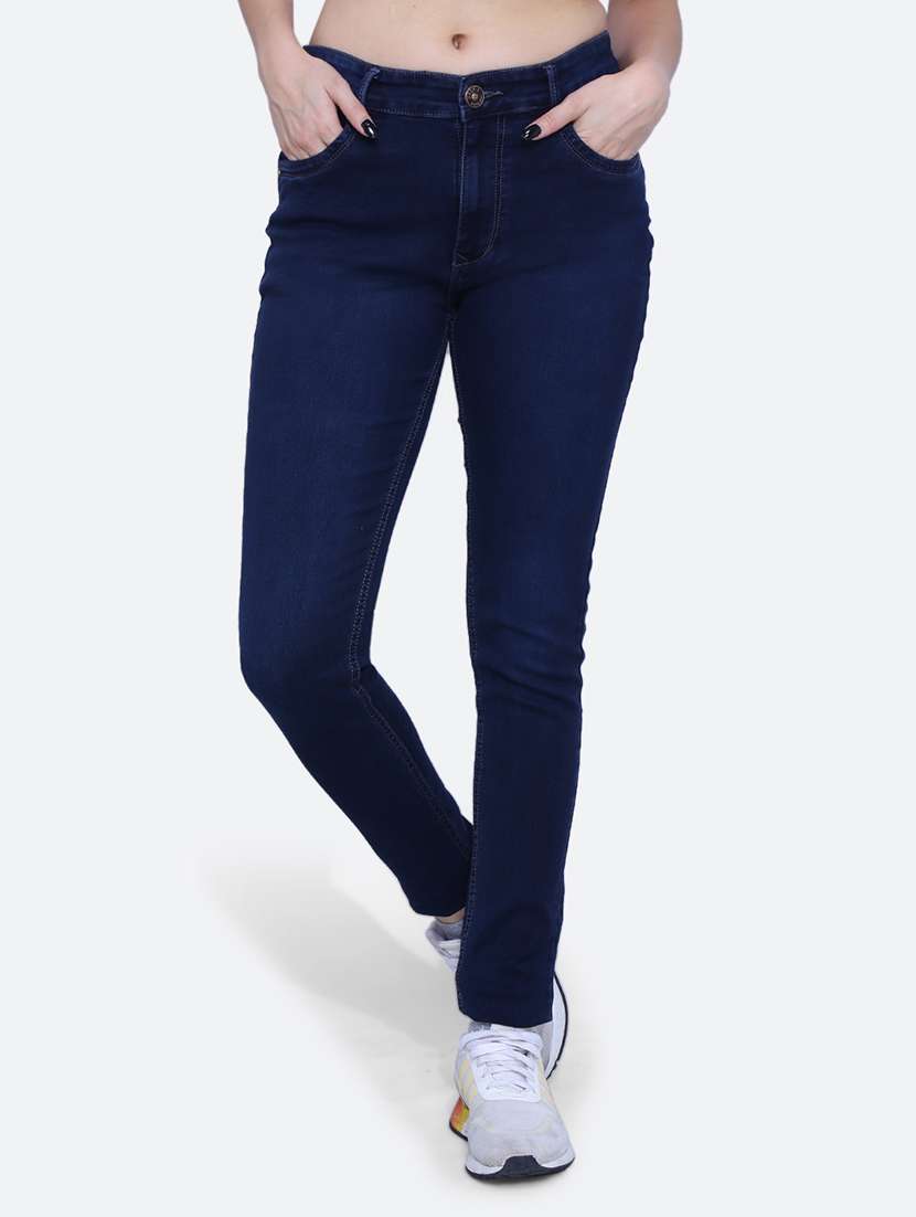 women solid navy blue denim jeans