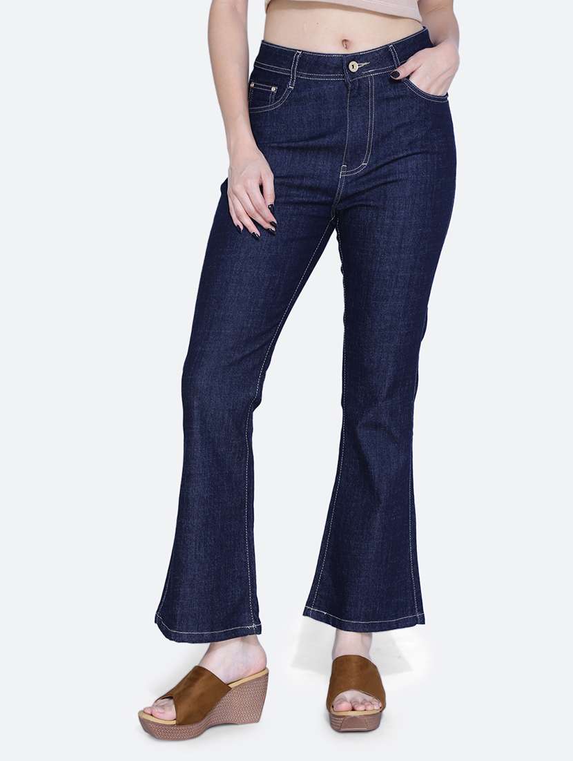 women solid navy blue bootcut jeans