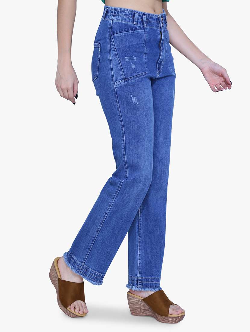 women blue distressed straight fit jeans - 21059728 - Standard Image - 2
