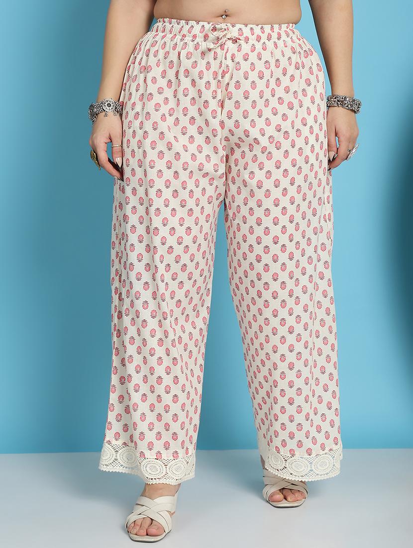 cream floral printed straight palazzo - 21059912 - Zoom Image - 0
