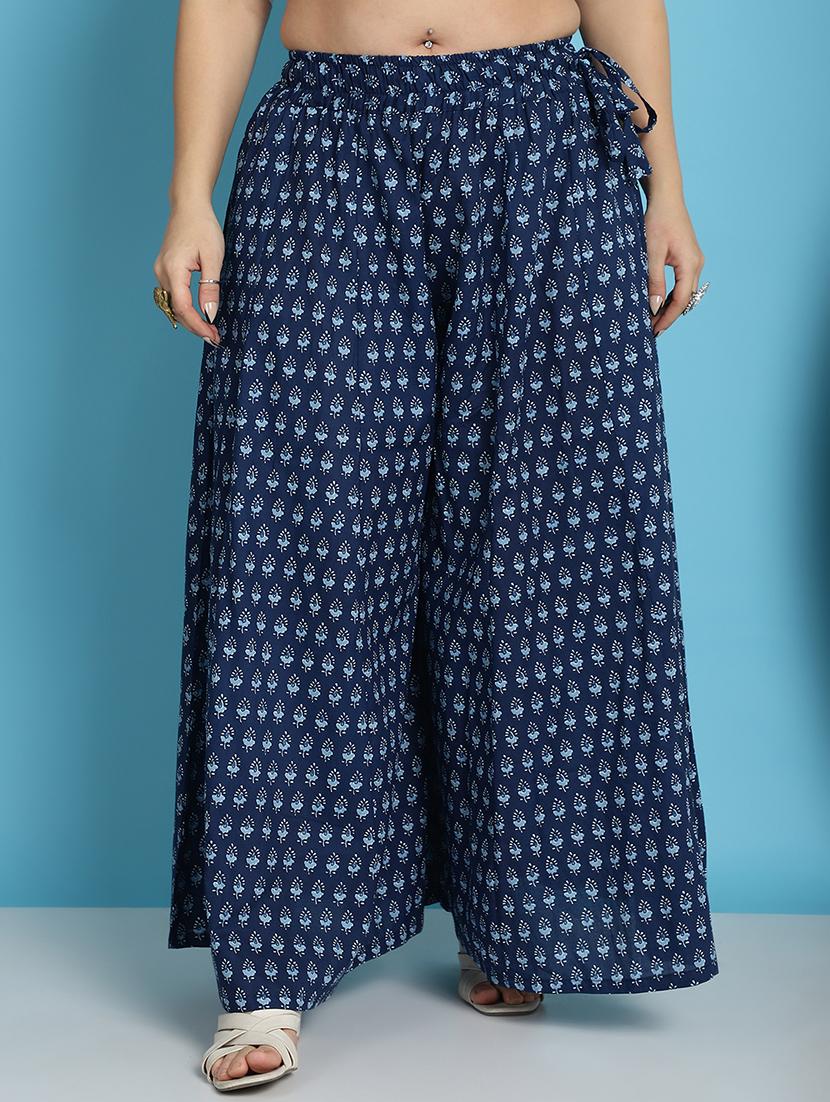 navy blue printed flared palazzo - 21059916 - Zoom Image - 0