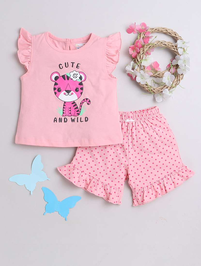 girls pink printed shorts sets