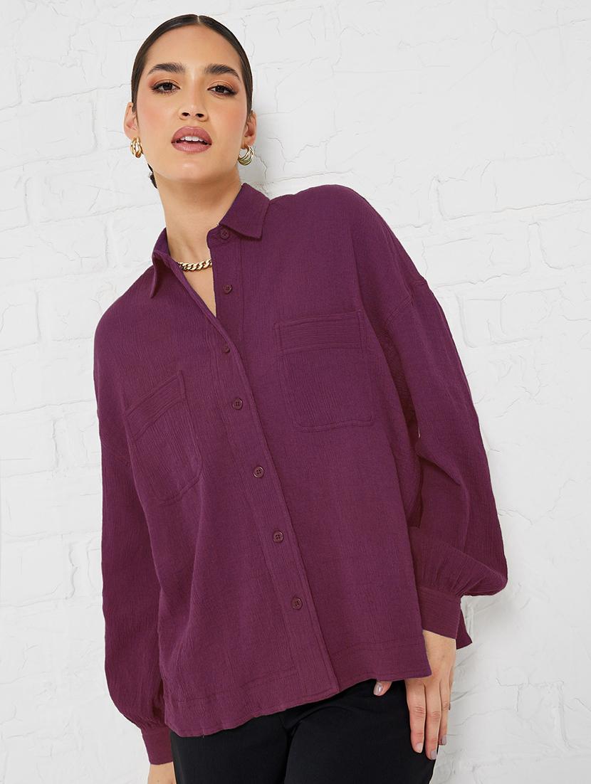 women solid collared oversized shirt - 21066206 - Zoom Image - 0