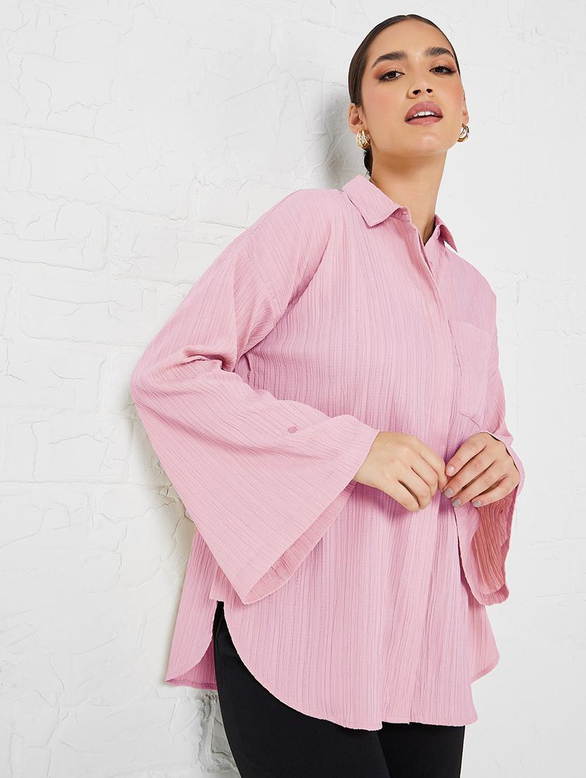 women solid collatred oversized shirt