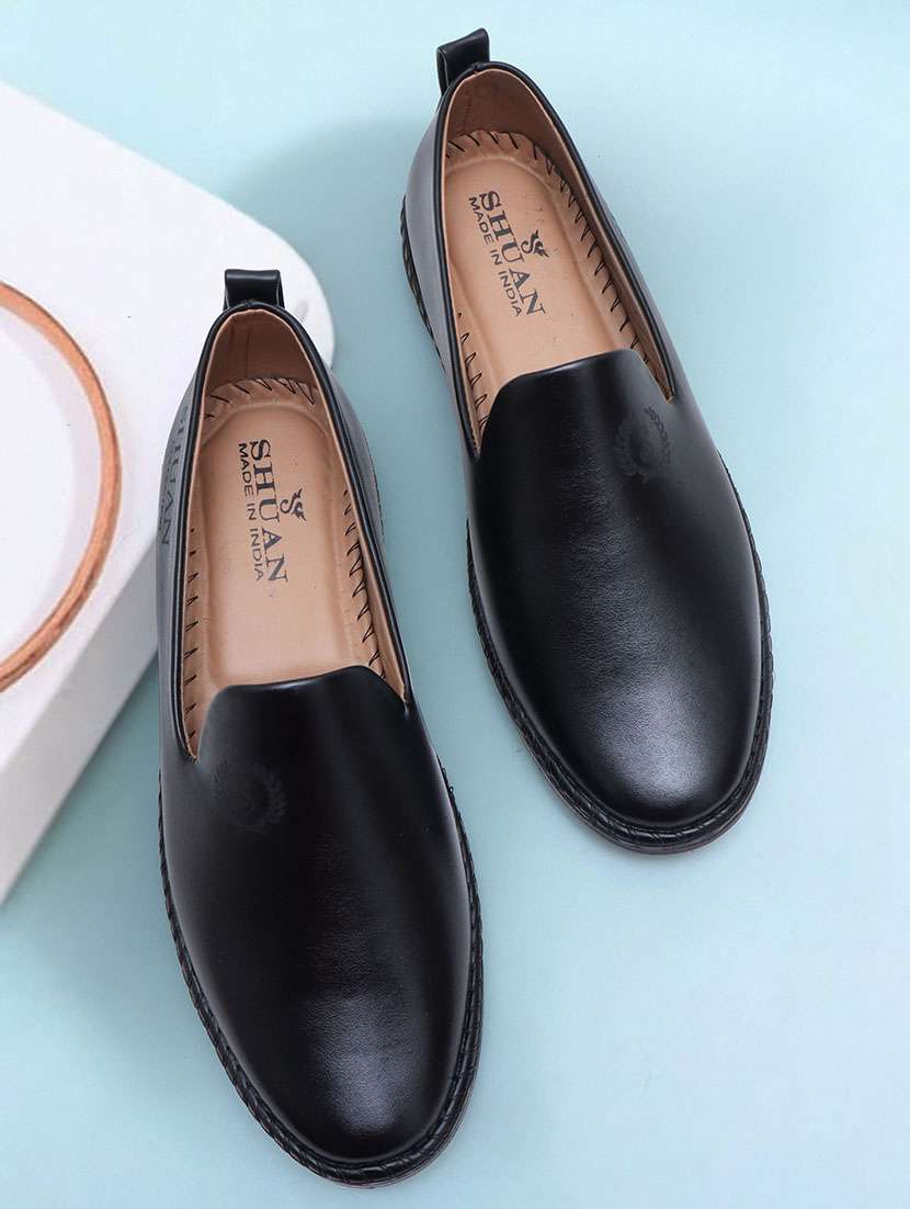 black leatherette slip on moccasins