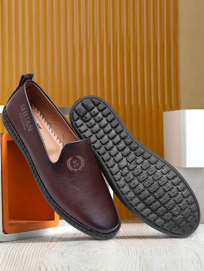 brown leatherette slip on moccasins