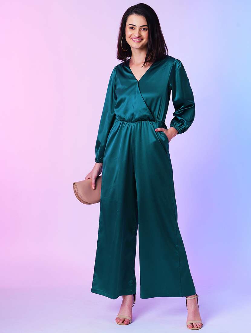 teal polyester full leg jumpsuit