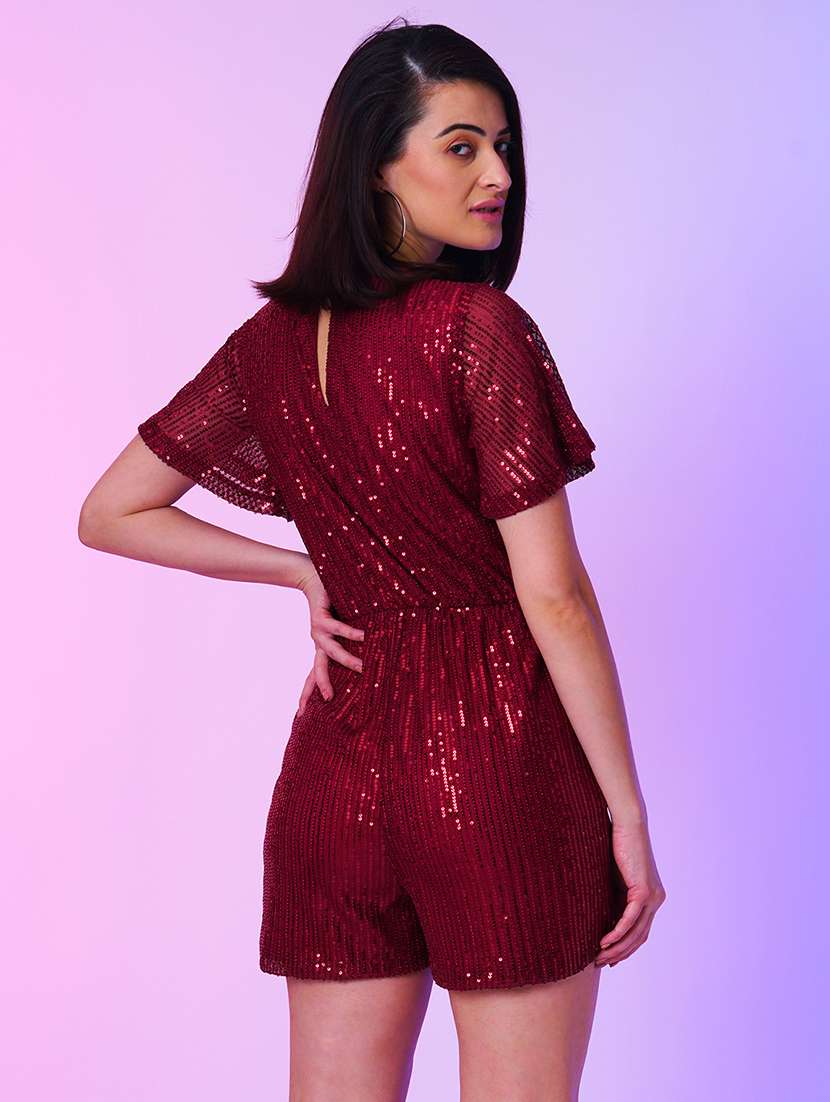 maroon polyester knee length jumpsuit - 21067255 -  Standard Image - 2