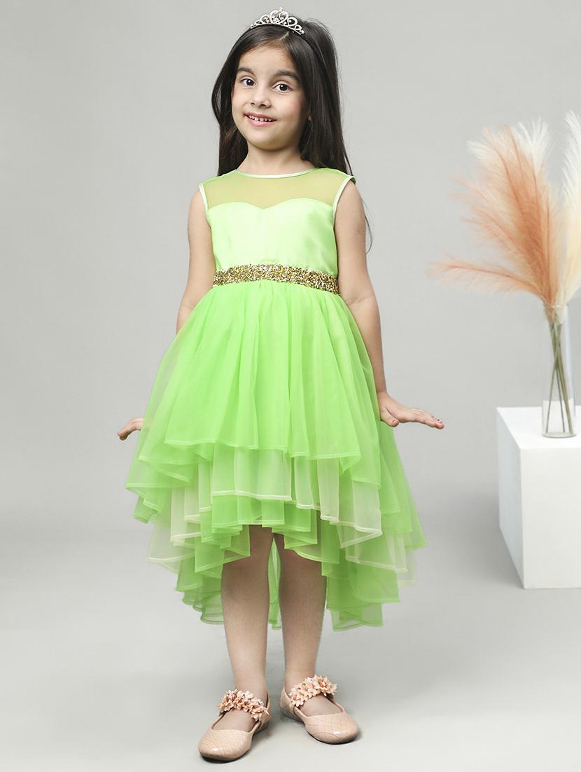 girls green self design high low detailed frock - 21067280 - Standard Image - 2
