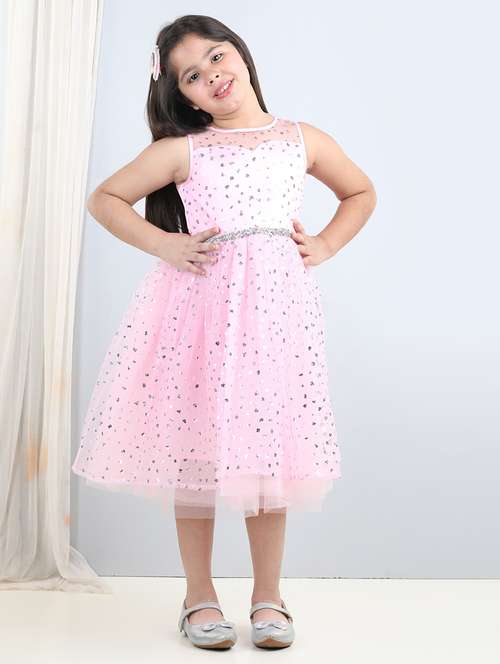 girls round neck net flare frock - 21067293 - Standard Image - 0