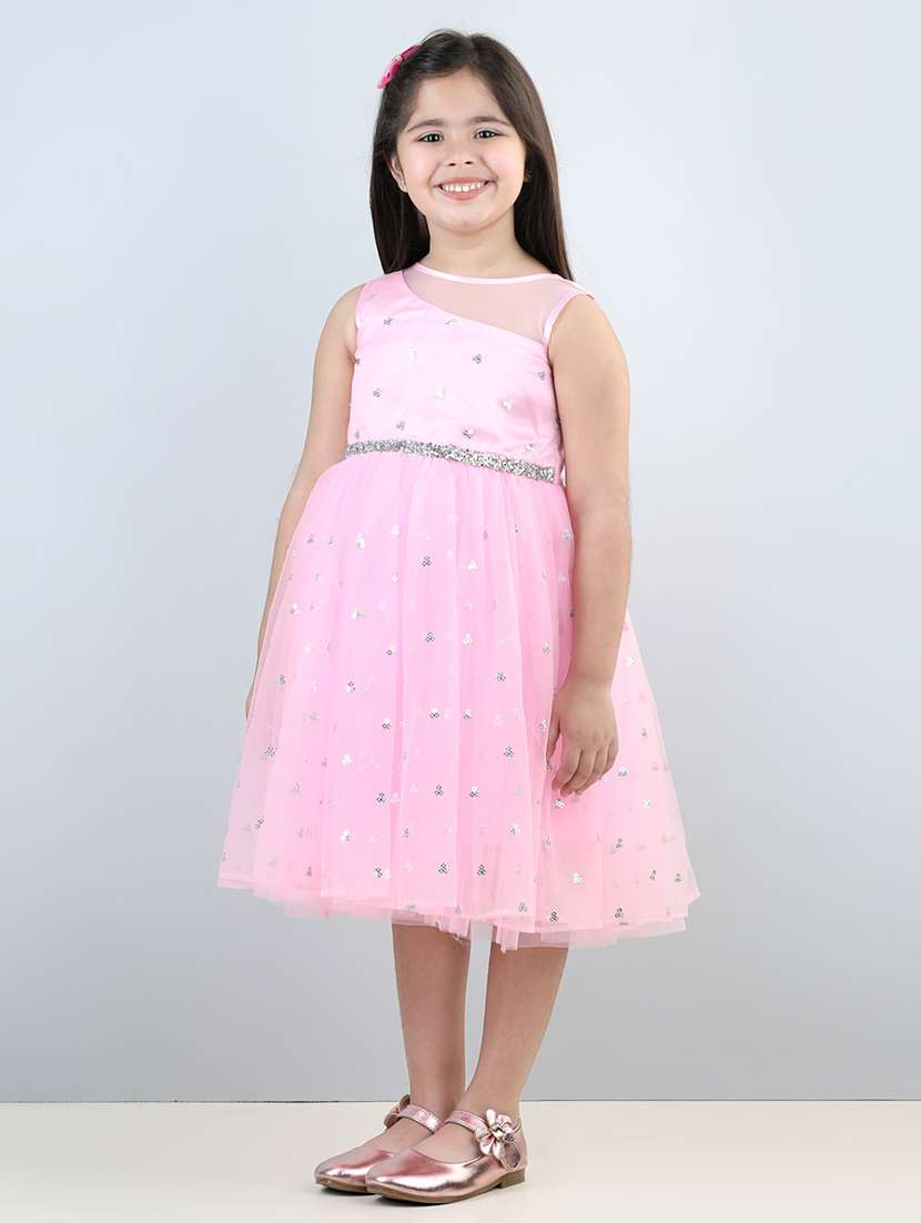 girls pink round neck net flare frock - 21067467 -  Standard Image - 2