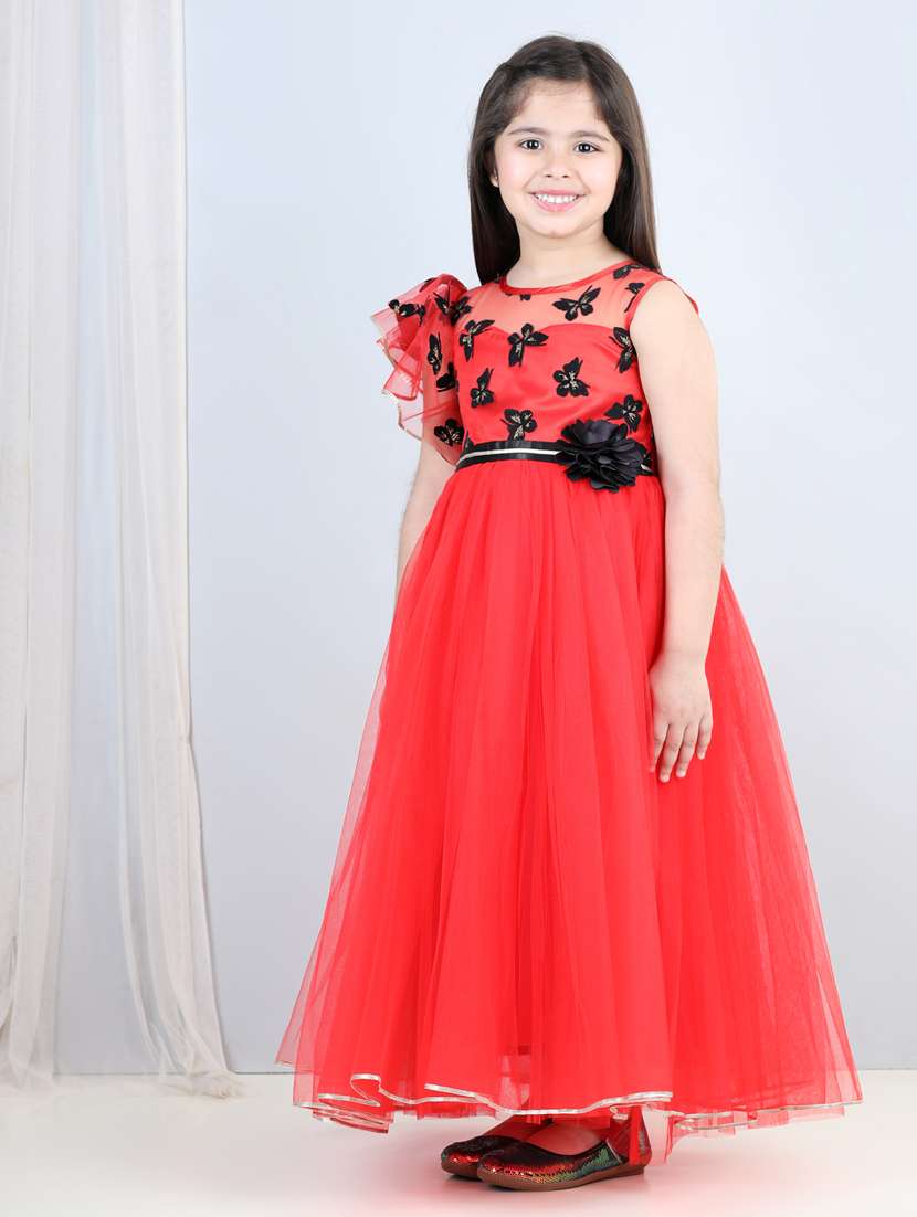 girls red self design detailed frock - 21067523 -  Standard Image - 2