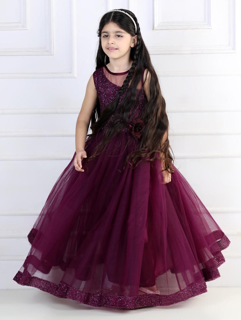 girls purple self design detailed frock - 21067581 - Standard Image - 2