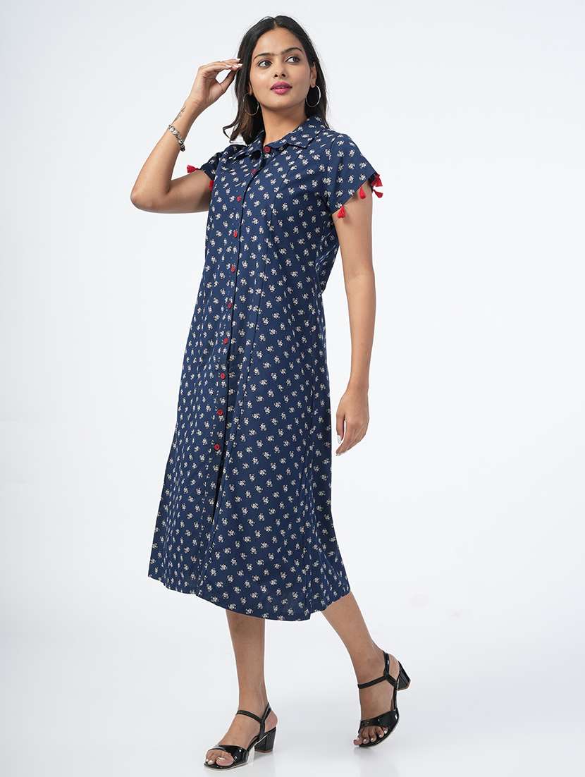 navy blue floral printed a-line ethnic dress - 21067752 -  Standard Image - 2
