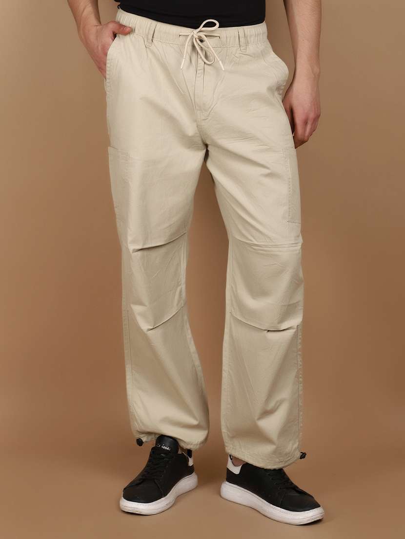 beige cotton parachute casual trousers