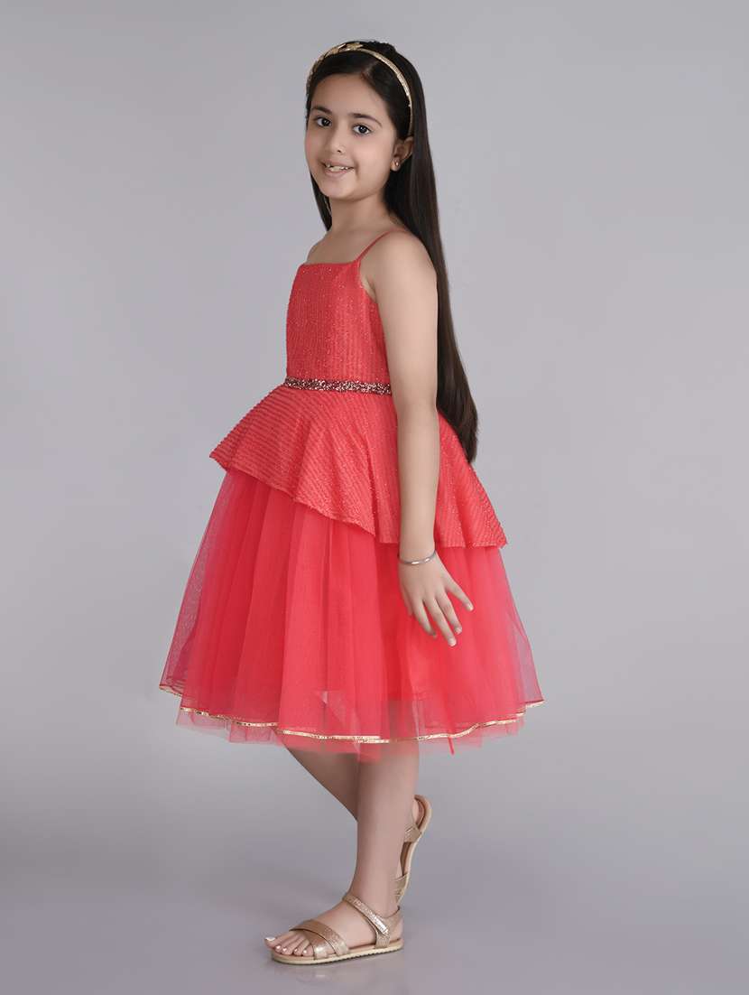 girls coral pink self design detailed frock - 21068498 -  Standard Image - 2