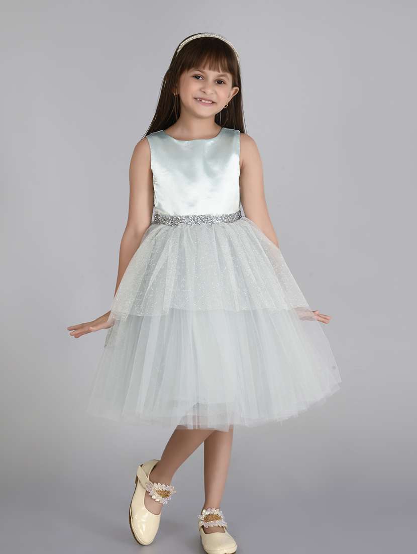 girls white self design detailed frock
