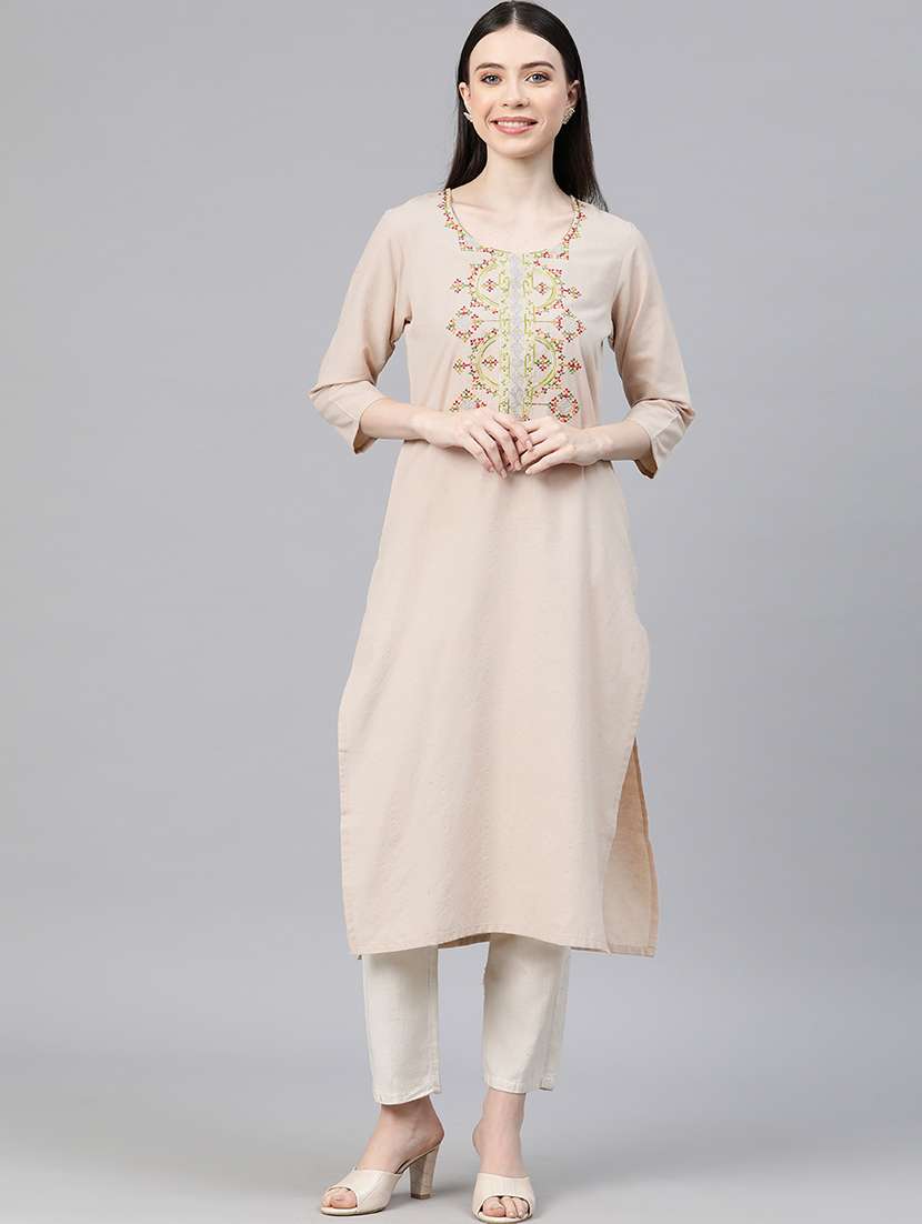 women beige embroidered straight kurta
