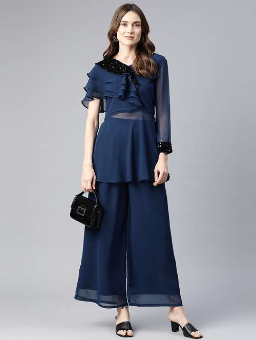 navy blue sequins work top & palazzo set - 21069199 -  Standard Image - 0