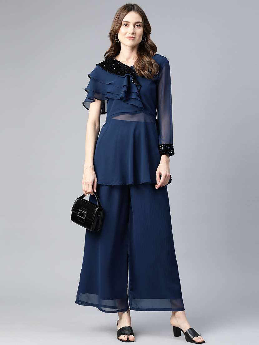 navy blue sequins work top & palazzo set - 21069199 -  Zoom Image - 0