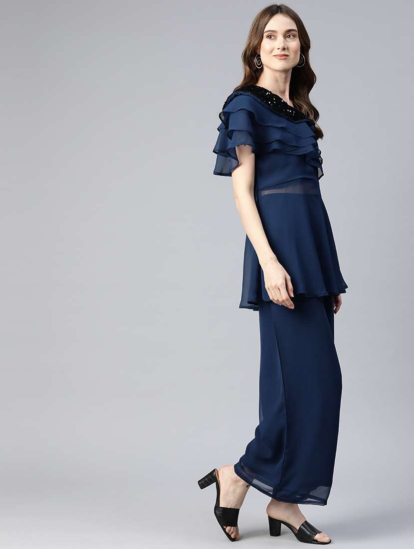 navy blue sequins work top & palazzo set - 21069199 - Standard Image - 2