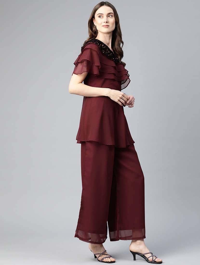 maroon sequins work top & palazzo set - 21069200 -  Standard Image - 2