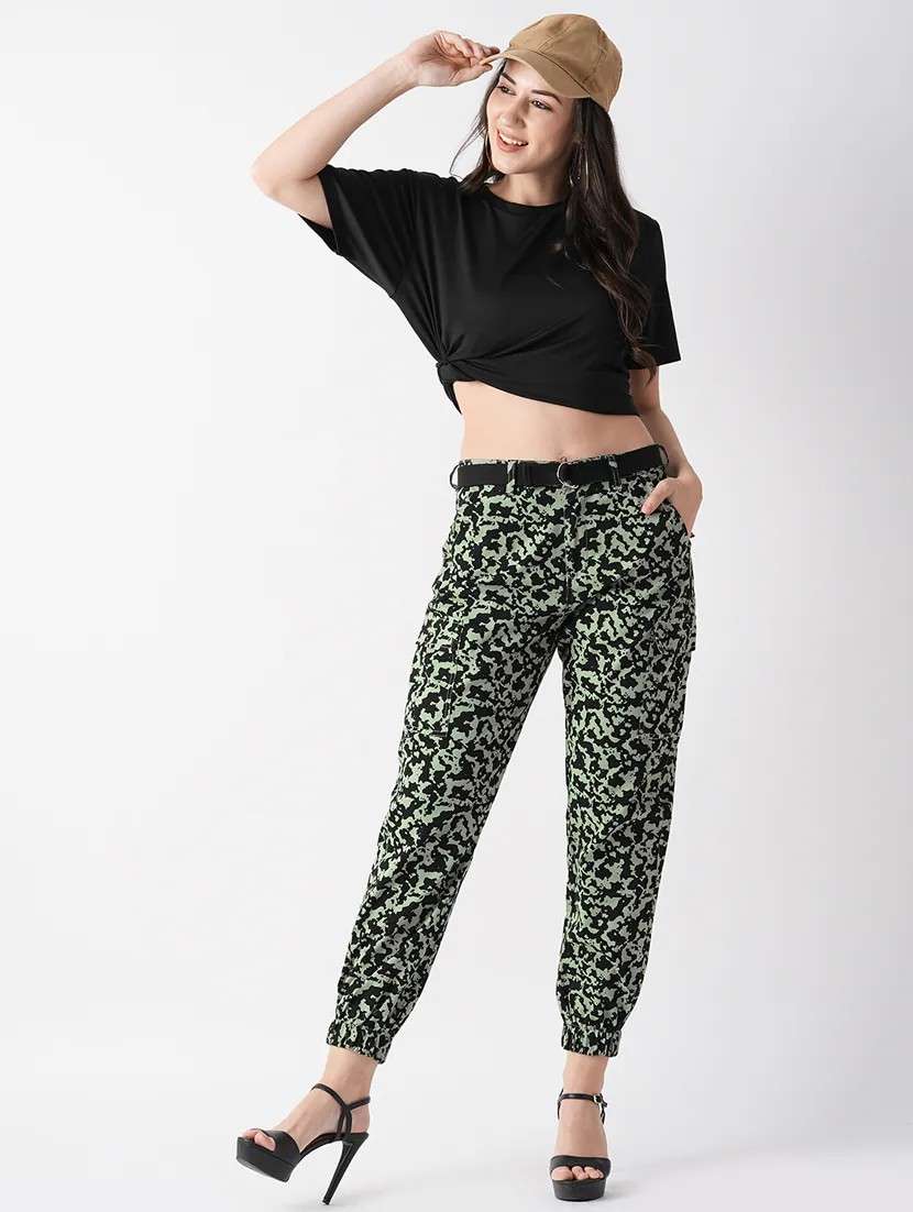 women black & green printed cotton joggers