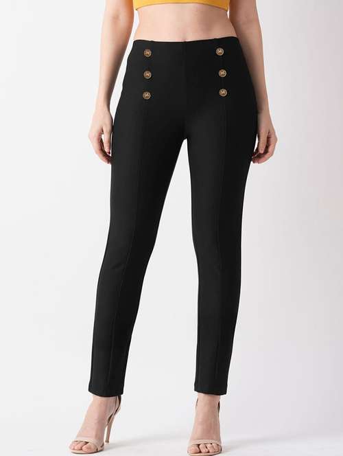 globus women black skinny fit mid rise flat front workwear treggings - 21069634 - Standard Image - 0