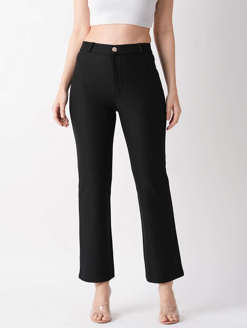 globus women black stretchable mid-rise straight fit treggings with belt loops