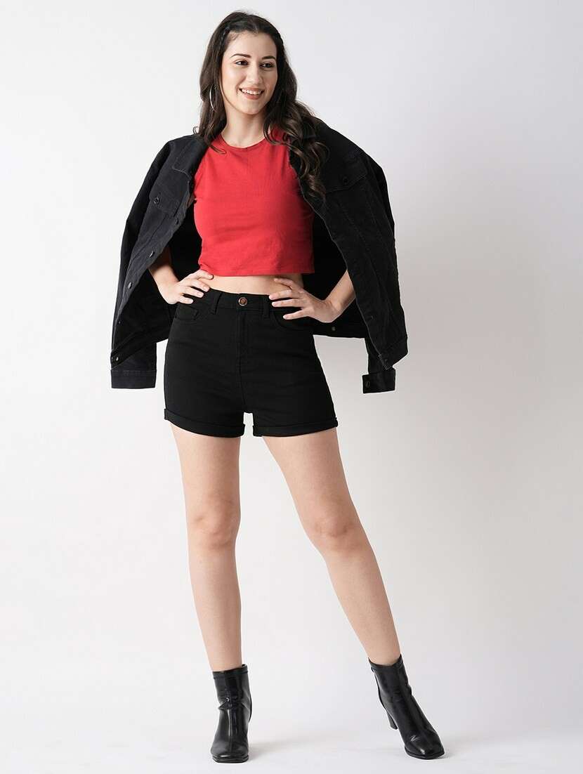 solid black cotton regular shorts