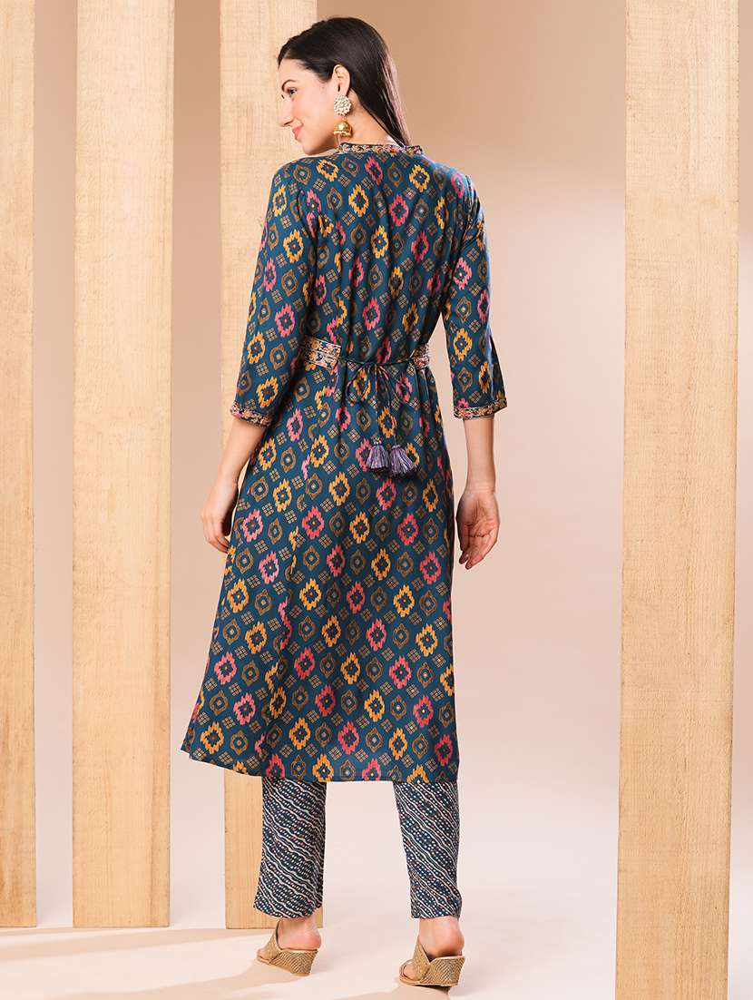 women blue v neck kurta pant set - 21069660 -  Standard Image - 2