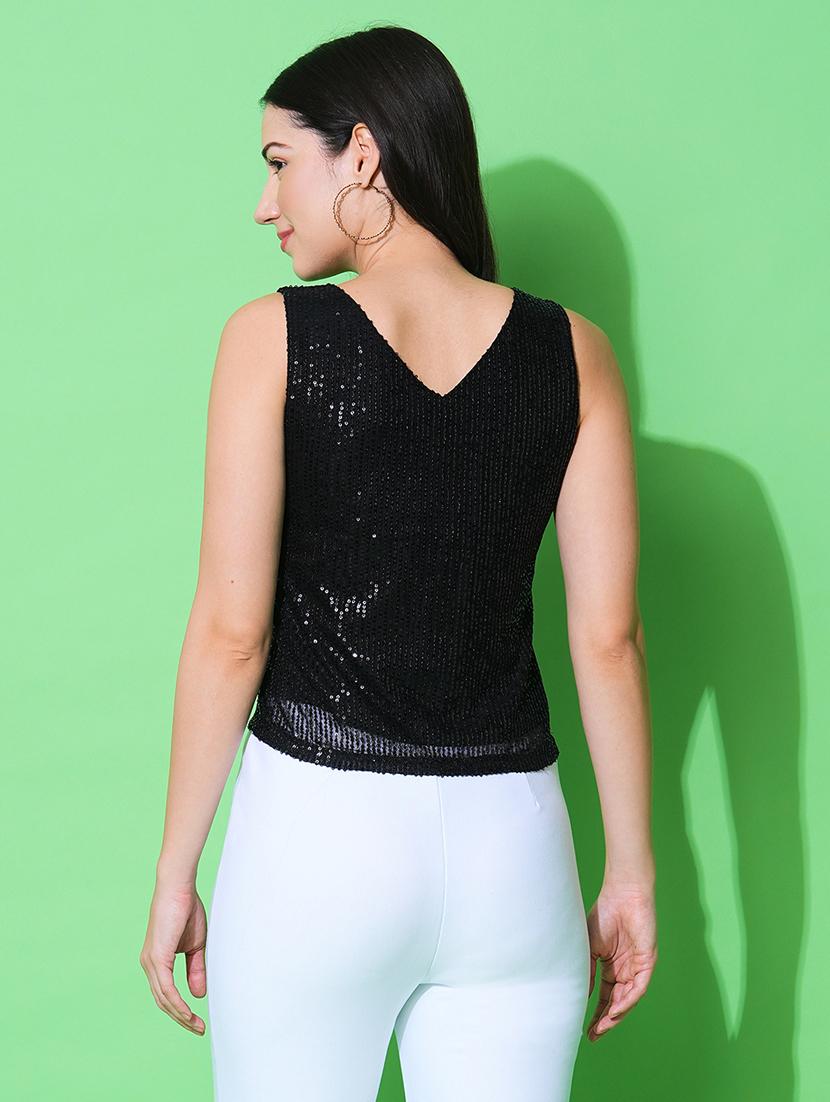globus women black round neck sequinned party top - 21069673 - Standard Image - 2