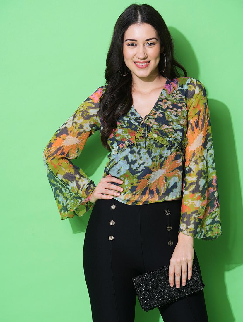 globus women multi green v-neck bell sleeves allover floral print top - 21069676 - Zoom Image - 0