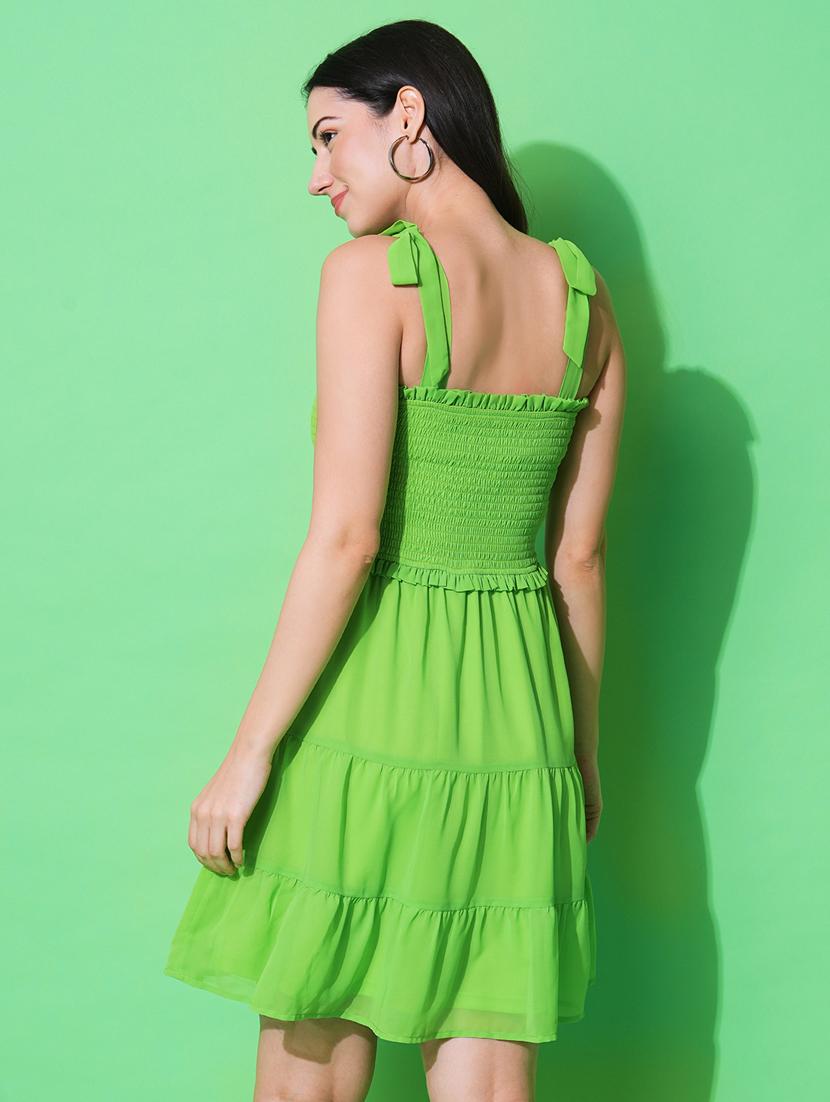 solid green smocked detailed fit & flare dress - 21069689 - Standard Image - 2