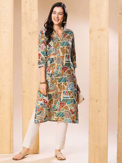 globus women multi allover printed & swarovski studded straight kurta - 21069693 -  Standard Image - 0