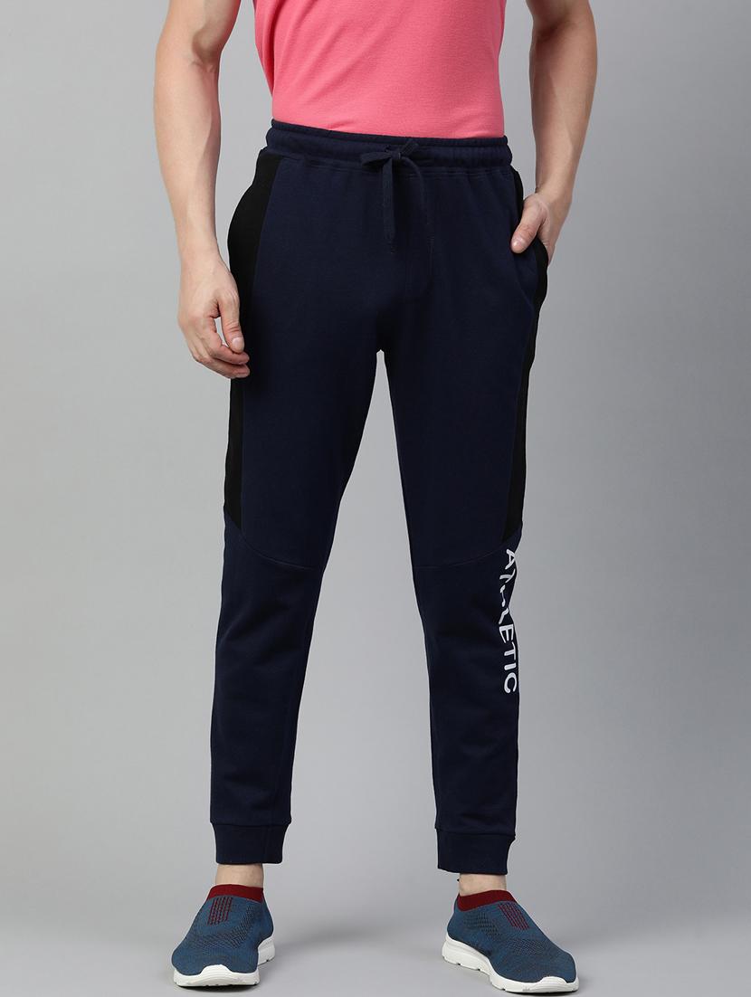men navy blue placement print mid rise jogger