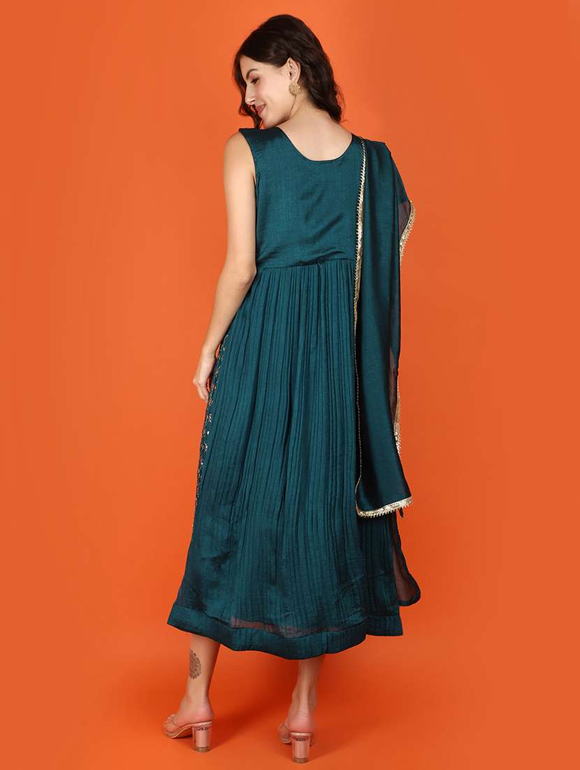 women green printed flared ethnic dress with dupatta - 21070346 -  Standard Image - 2
