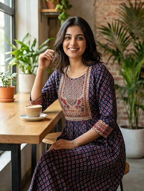 women printed three quarter sleeve kurta - 21070440 -  Standard Image - 2