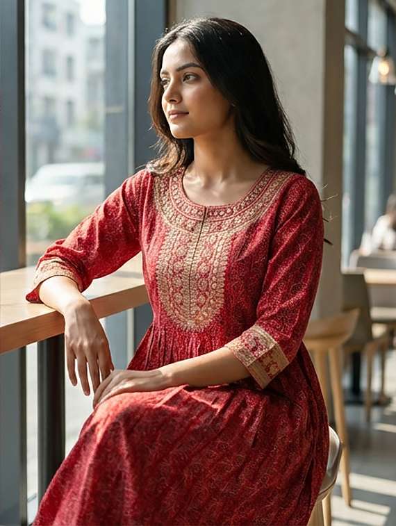 women printed three quarter sleeve kurta - 21070442 -  Standard Image - 2