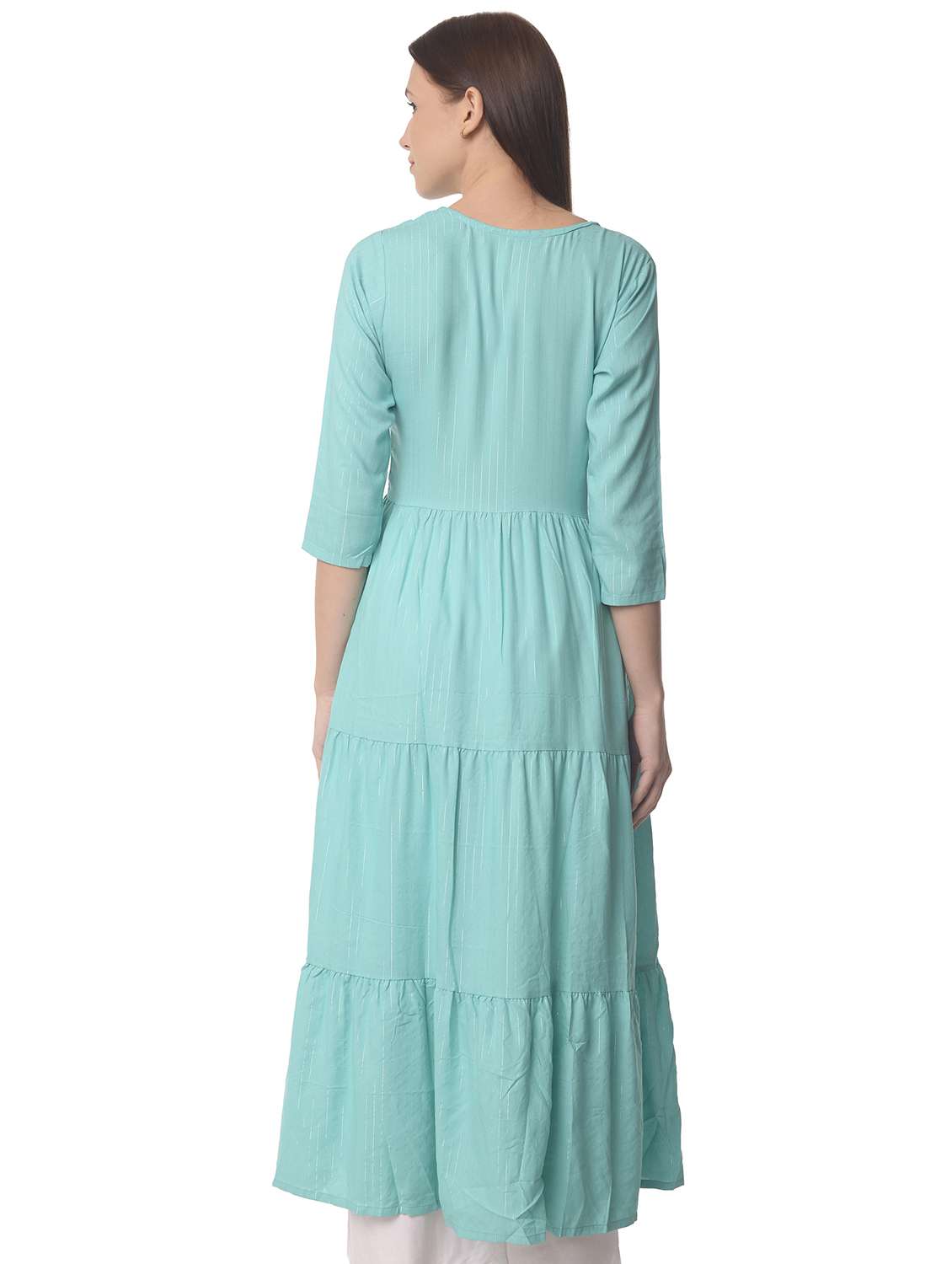 women three quarter sleeve tiered kurta - 21070486 -  Standard Image - 2
