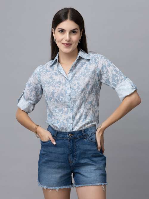 light blue printed linen casual shirt - 21072213 -  Standard Image - 0