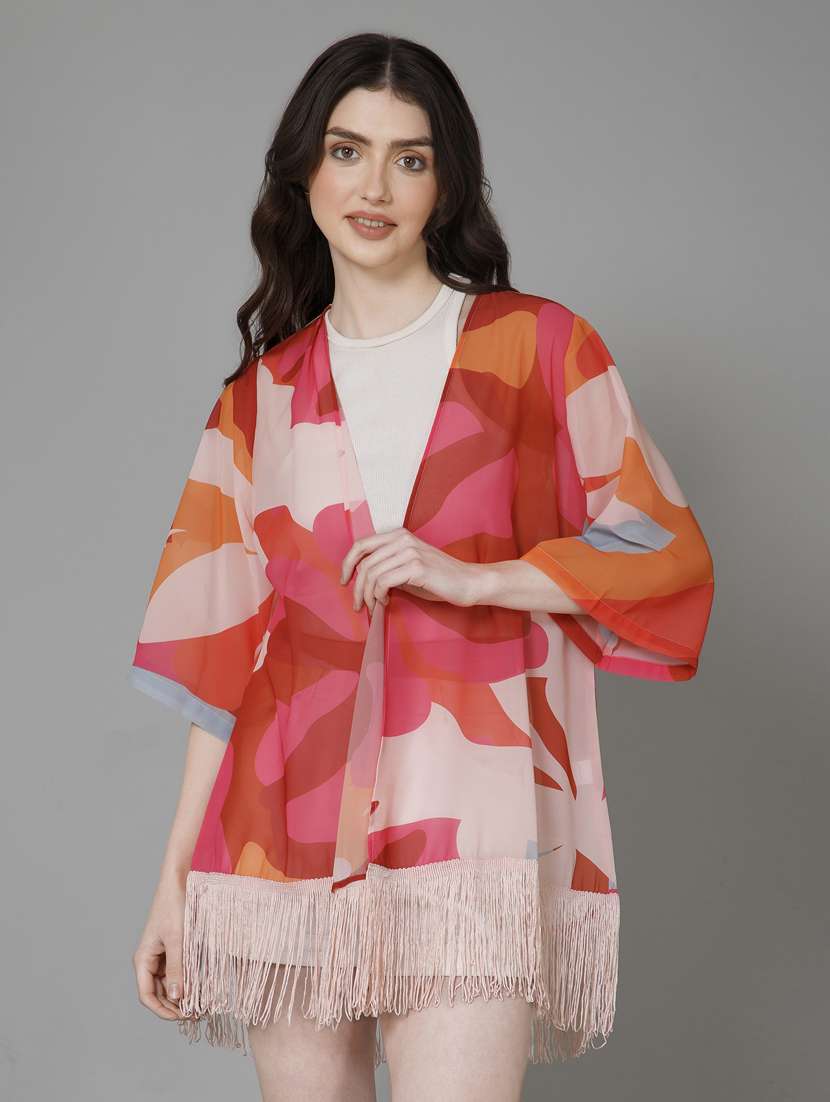 pink printed detailed regular shrug