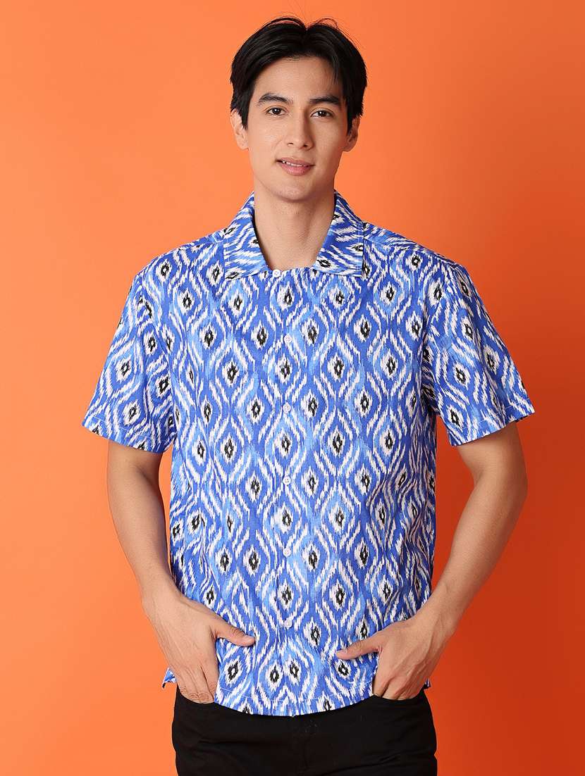 men blue printed casual shirt