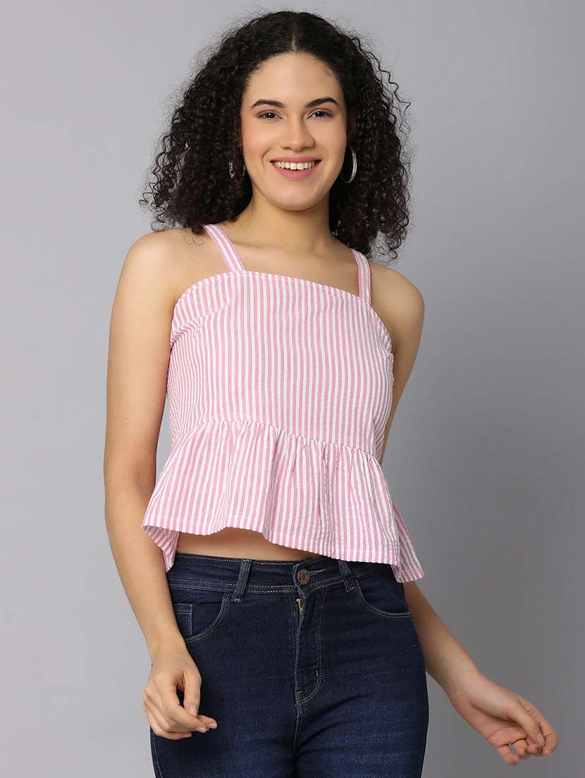 women striped shoulder strap peplum top