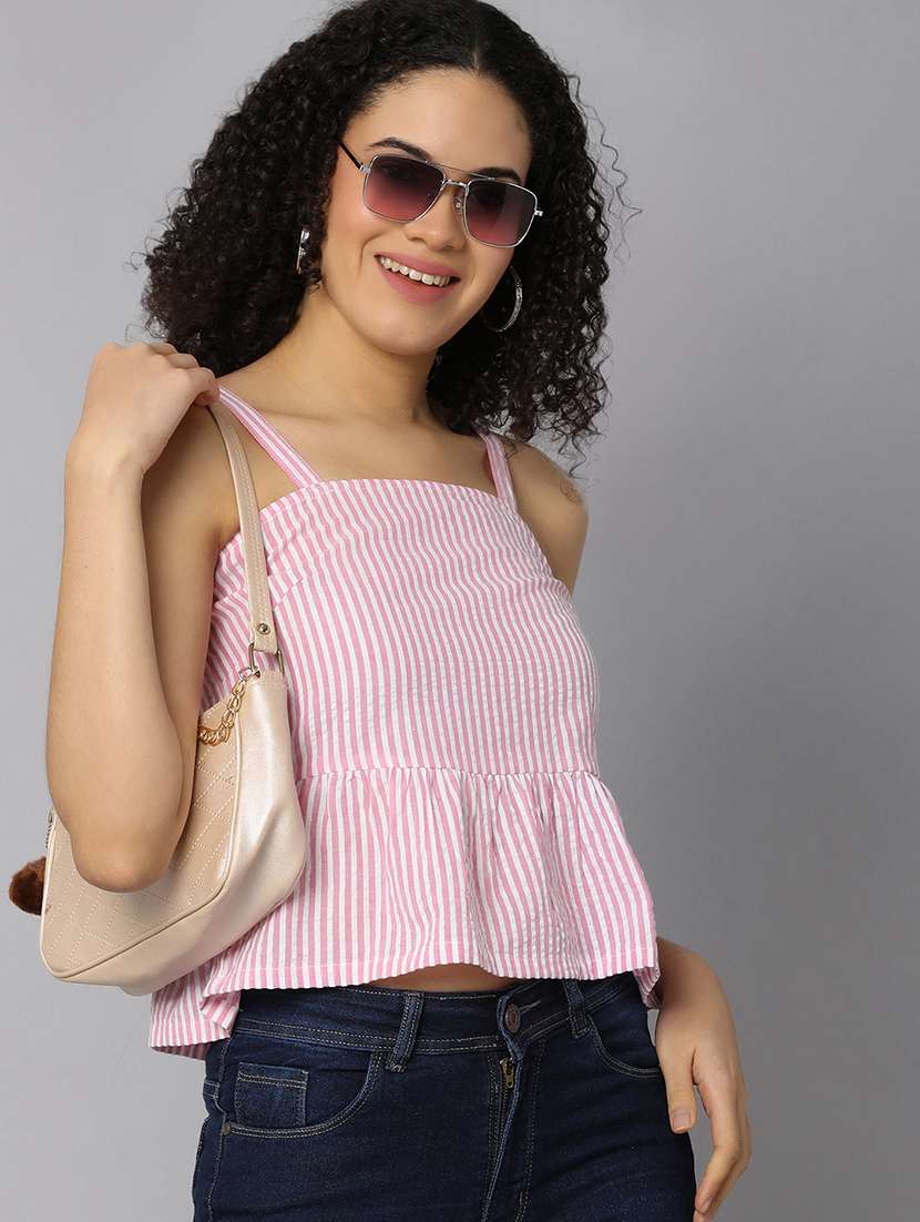 women striped shoulder strap peplum top - 21073931 -  Standard Image - 2