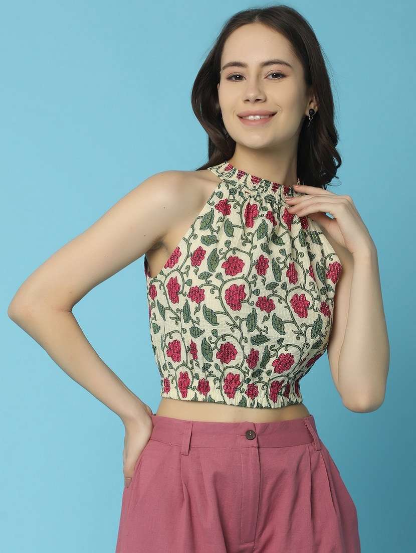 women off-white slim fit halter neck floral crop top