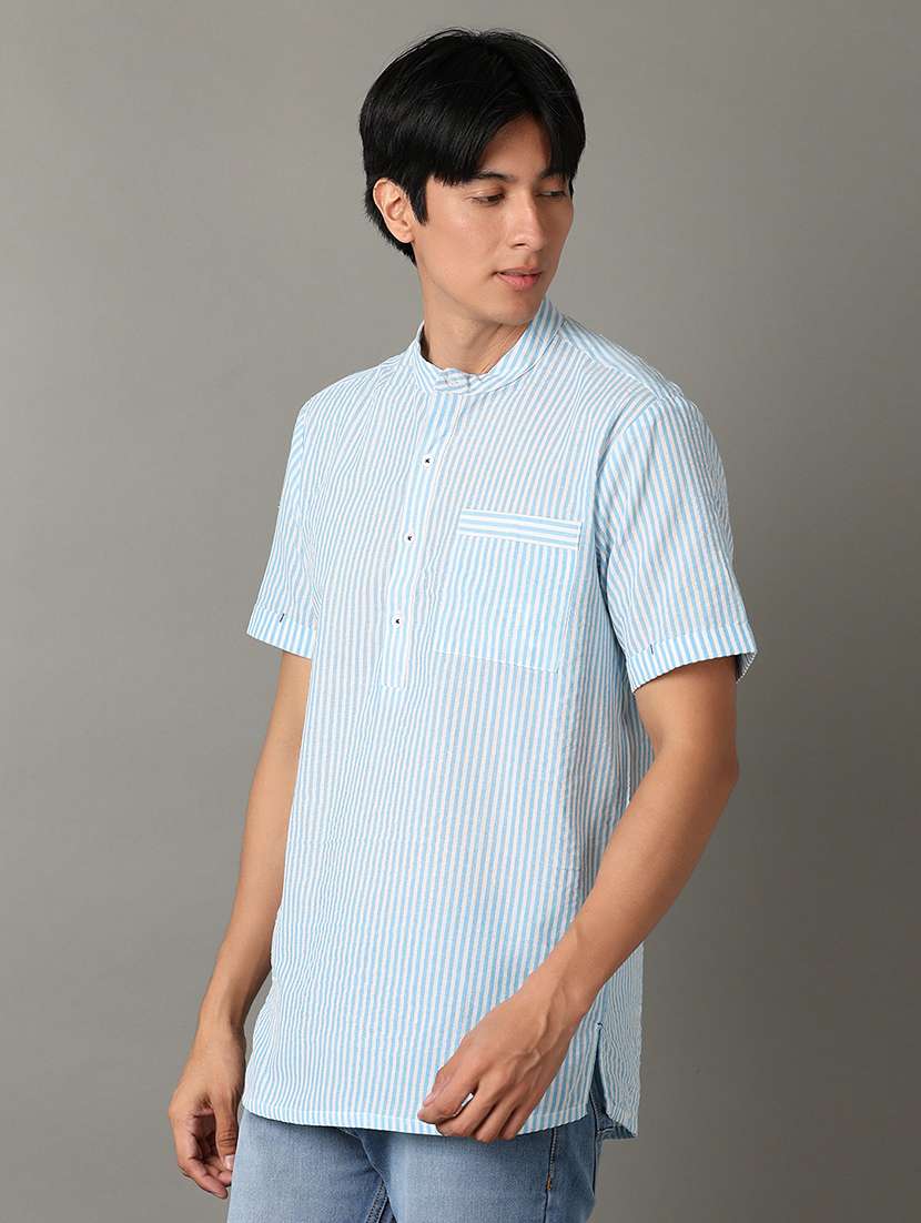 men mandarin neck striped short kurta - 21073972 -  Standard Image - 2