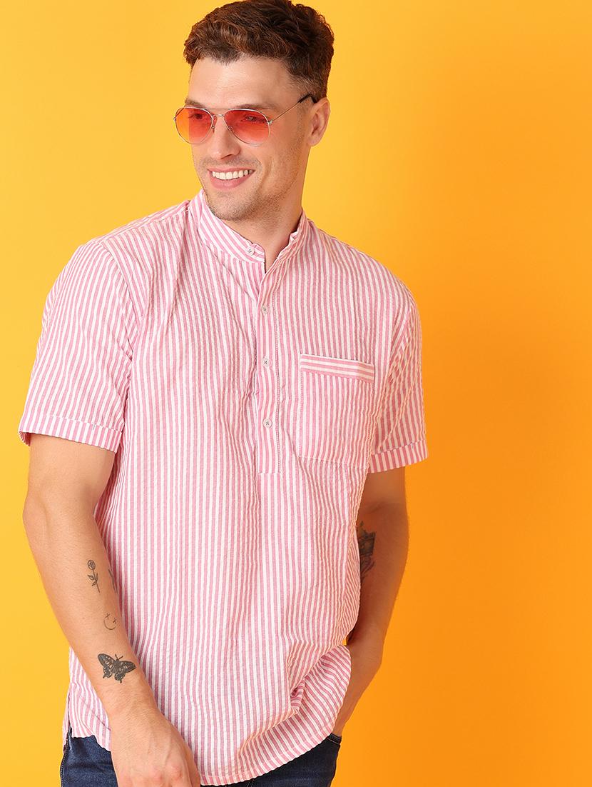 men mandarin neck striped short kurta - 21073974 - Standard Image - 2